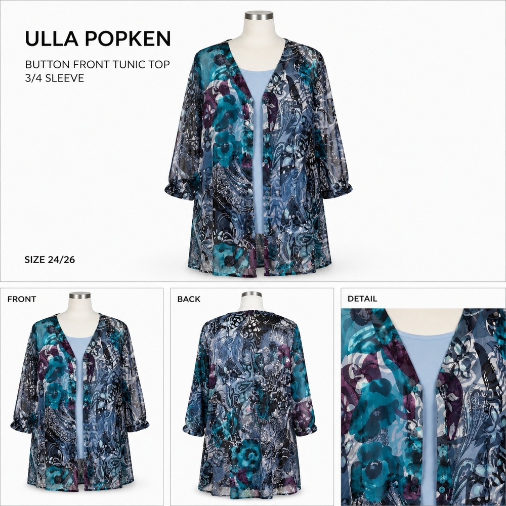 Ulla Popken Women 24/26 Tunic Top 2pc Set Blue‎ Teal Floral Silk Blend Burnout